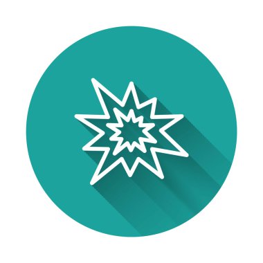 Şarapnel şarapneli ve uzun gölgeli alev topu ikonlu beyaz çizgi bombası patlaması. Yeşil daire düğmesi. Vektör.