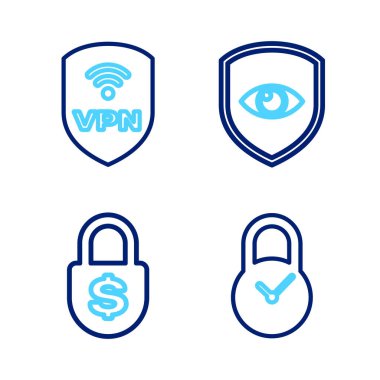 Asma kilidi saat para kalkanı, göz ve VPN kablosuz ikonu ile ayarla. Vektör.
