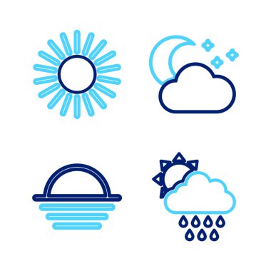 Bulut 'u yağmur, güneş, ay batımı yıldızları ve ikonlarla aynı hizaya getir. Vektör.