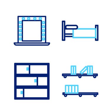 Rafları kitaplarla dizin. Yatak ve Makyaj Ayna Işıkları ikonu. Vektör.