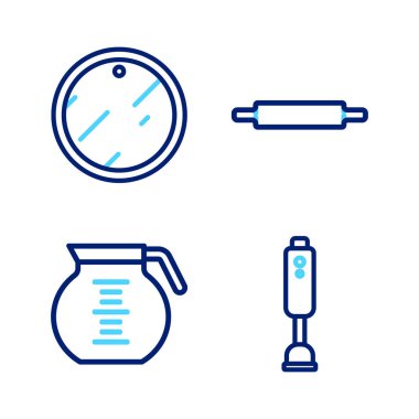 Hat Blender Kahve demliği Rolling pin ve kesme tahtası simgesi. Vektör.