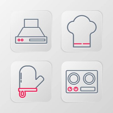 Gaz ocağı fırın eldiveni, şef şapkası ve mutfak sökücü fan ikonu ayarlayın. Vektör.