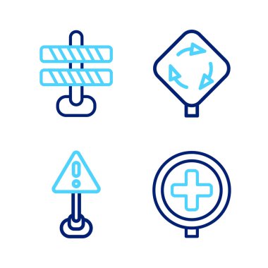 Roundabout ve Road Bariyeri simgesine hastane yol trafiği ünlem işareti koyun. Vektör.