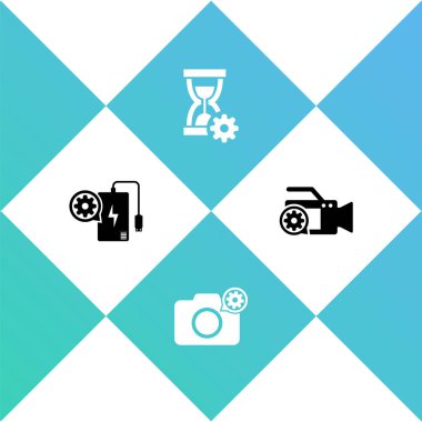 Güç bankası ayarı, fotoğraf makinesi, kum saati ve video simgesi. Vektör.