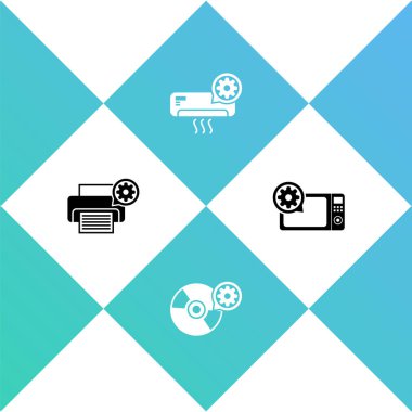 Yazıcı ayarlarını, CD veya DVD diskini, klimayı ve mikrodalga fırın simgesini ayarla. Vektör.