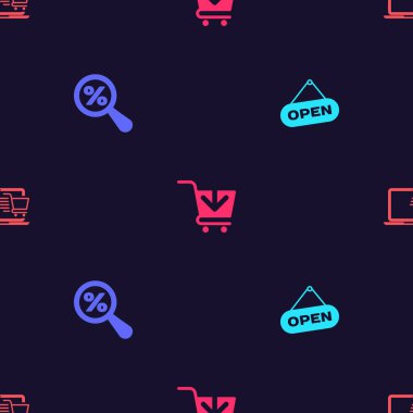 Kapı açık, büyüteç yüzde açık, alışveriş arabasına ve dizüstü bilgisayara pürüzsüz bir şekilde asma işareti koyun. Vektör.