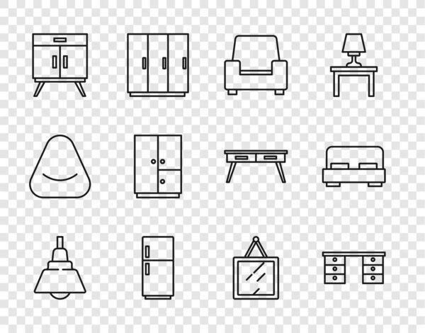 Установить линию канделябры офиса стол кресло Холодильник сундук ящиков Шкаф зеркало и большая кровать значок. Вектор.