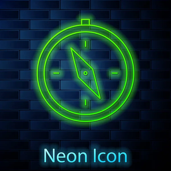 Glowing Neon Line Compass Icon Isolated Brick Wall Background Windrose — Stock Vector