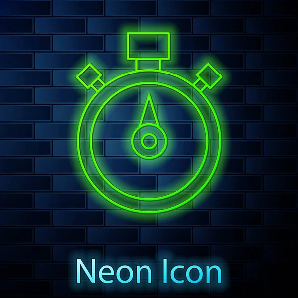 Leuchtende Neon Linie Stopwatch Symbol Isoliert Auf Backsteinwand Hintergrund Zeitzeichen — Stockvektor