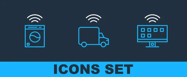 Définir Ligne Smart Système Laveuse Icône Camion Vecteur — Image vectorielle