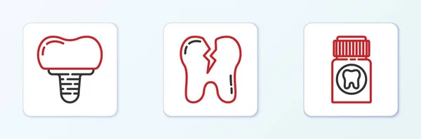 Набор Линии Болеутоляющих Таблетки Зубной Имплантат Сломанный Зуб Значок Вектор — стоковый вектор