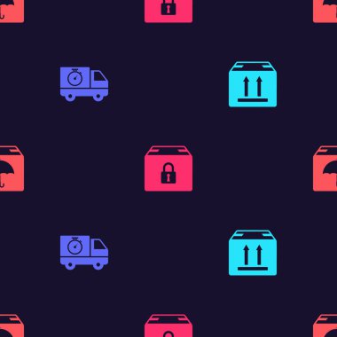 Karton kutuyu trafiği, teslimat kamyonu ve kronometreyi, kilitli paketi ve şemsiyeyi pürüzsüz bir şablona ayarlayın. Vektör.