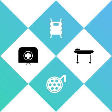 Hemşire şapkasını haçla, ameliyat lambasıyla, sedyeyle ve ikonla ayarla. Vektör.