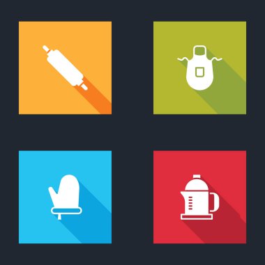 Rolling Pin Kitchen önlüğü fırın eldiveni ve Fransız basın ikonu. Vektör.