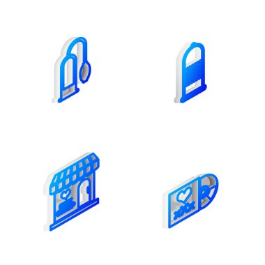 Set Isometric line Condom safe sex, Penis pump, Sex shop building and Disc with inscription icon. Vector.