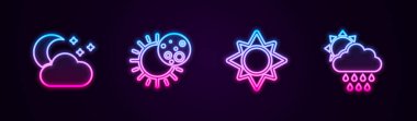 Bulut 'u ay ve yıldızlarla, Güneş, Güneş ve yağmurun tutulmasıyla hizaya sokun. Parlayan neon ikonu. Vektör.