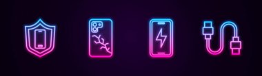 Mobil hattı kalkan, kırık ekran, şarj bataryası ve USB kablosu ile ayarla. Parlayan neon ikonu. Vektör.