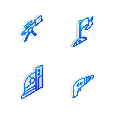 Isometric hattını bayrak, teleskop, astronot miğferi ve ışın tabancası ikonu ile ayarla. Vektör.