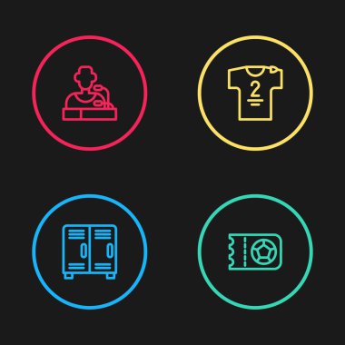 Sıralı dolap ya da soyunma odası, futbol bileti, forma ve tişört ve oyuncu basın toplantısı ikonu. Vektör.