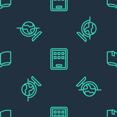 Grafik tablet dünya küresi ve kusursuz desen üzerine açık bir kitap ayarla. Vektör.