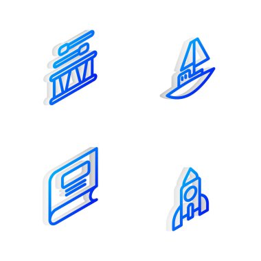 Isometric hattı oyuncak bot davulunu bagetler, kitap ve roket oyuncak gemi ikonu ile ayarla. Vektör.