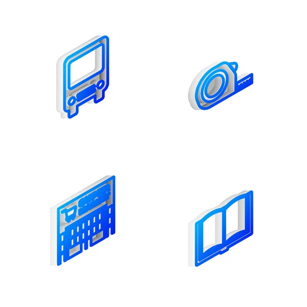 Set Isometric Line Roulette Construction Bus Supermarket Building Open Book — Stockový vektor