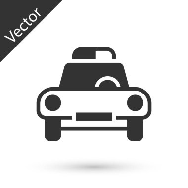 Gri polis arabası ve polis teşhircisi ikonu beyaz arka planda izole edilmiş. Acil durum sireni. Vektör.