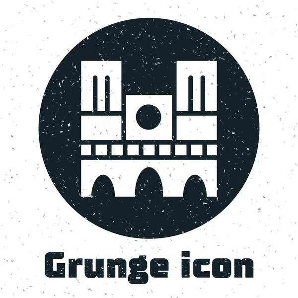 Fransa 'nın Grunge Landmark' ı Notre Dame de Paris simgesi beyaz arka planda izole edildi. Tek renkli klasik çizim. Vektör.