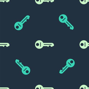 Yeşil ve bej rengi eski anahtar simgesi mavi arka planda izole edilmiş pürüzsüz desen. Vektör.