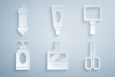 Traş losyonu aynalı krem kozmetik tüp makas kuaförü ve klasik berber dükkânı ikonu. Vektör.