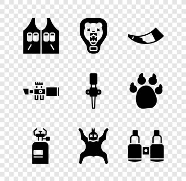 Av ceketi ayısının kafasını kalkan kornasına, gaz ocağı derisi dürbün dürbünü optik görüşüne ve meşale alev ikonuna ayarlayın. Vektör.