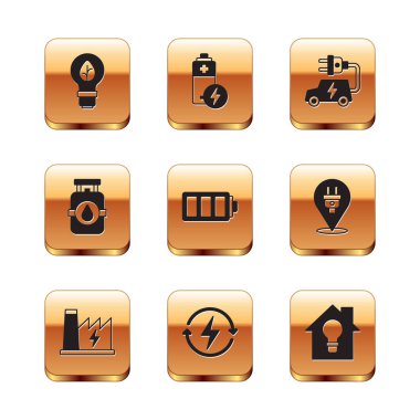 Yaprak Nükleer Santrali ile ampulü ayarlayın. Şarj olan Batarya Propan Benzin Deposu Elektrikli Araç Akıllı Ev ve Işık ve Simge. Vektör.