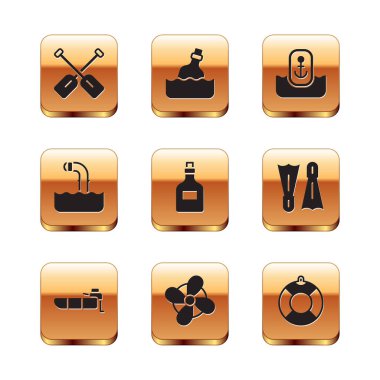 Motorlu bot pervaneli şişme bot Periskop konum sunucusu Lifebuoy ve şişe mesajını su ikonuna ayarlayın. Vektör.