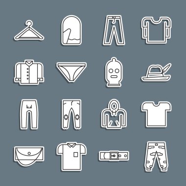 Kamuflaj kargo pantolonlu tişörtü Oktoberfest şapkalı Pantolon Adam iç çamaşırı askısı gardırobu ve kar maskesi. Vektör.