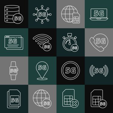 Satır 5G Sim Card ağ telefonunu Globe Server ve Dijital hız ölçer simgesi ile ayarla. Vektör.