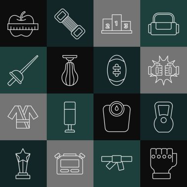 Boks eldivenli MMA eldiveni Kettlebell Punch ödülünü, spor podyumu şampiyonu kum torbası Eskrim Apple ve mezura ve Amerikan Futbol ikonu için belirle. Vektör.