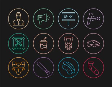 Beyzbol çoraplı çizme planlama, su monitörü beysbol oyuncusu Madalyası ve Megaphone ikonu ile kağıt bardak. Vektör.