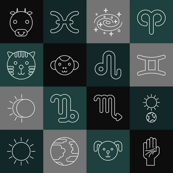 Ställ Linje Palmistry Handen Solstice Gemini Zodiac Vintergatans Spiralgalax Monkey — Stock vektor