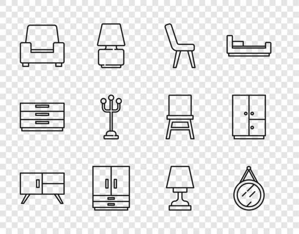 Набор линии Грудь ящиков Зеркальное кресло Кресло гардероб подставка Настольная лампа и значок. Вектор.