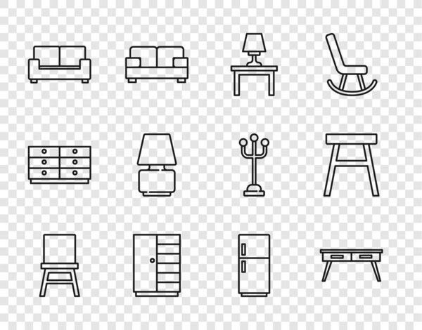 Набор линии стула настольная лампа стола стола Шкаф Диван-холодильник и значок. Вектор.