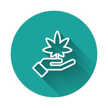 Beyaz çizgi tıbbi marihuana ya da kenevir yaprağı ikonu uzun gölgeli. Kenevir sembolü. Yeşil daire düğmesi. Vektör İllüstrasyonu.