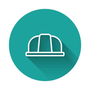 Beyaz çizgi İşçi Kaskı simgesi uzun gölgeli izole edilmiş. Sigorta konsepti. Güvenlik, güvenlik, koruma, konsept koruma. Yeşil daire düğmesi. Vektör..