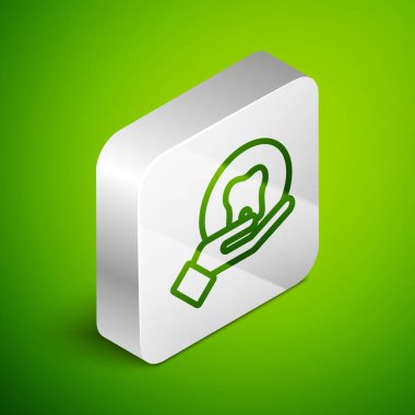 Isometric line Tooth simgesi yeşil arkaplanda izole edildi. Diş hekimliği kliniği veya diş hekimliği merkezi ve diş macunu paketi için diş sembolü. Gümüş kare düğme. Vektör.