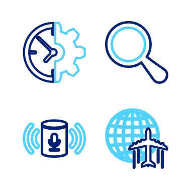 Hat Globe 'u uçan uçak ses asistanı büyüteç, saat ve dişli ikonu ile ayarla. Vektör.