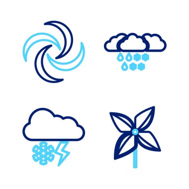 Fırıldak Bulutu 'nu kar, şimşek yağmuru ve Tornado ikonu ile ayarla. Vektör.