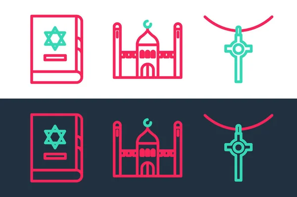 Nastavit Linii Křesťanský Kříž Řetězu Židovské Knihy Tóra Muslimské Mešity — Stockový vektor