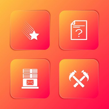 Kayan Yıldız, Bilinmeyen belge, E- posta sunucusu ve çaprazlanmış iki çekiç simgesi ayarla. Vektör.