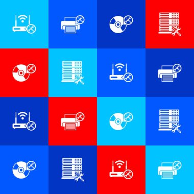 Router wi-fi servisini, yazıcıyı, CD veya DVD diskini ve veritabanı sunucu simgesini kullan. Vektör.