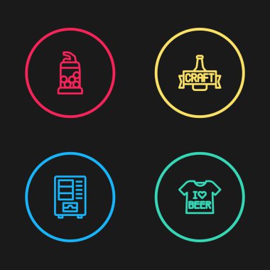 Otomat, bira tişörtü, şişe ve şişe açacağı simgesini ayarla. Vektör.