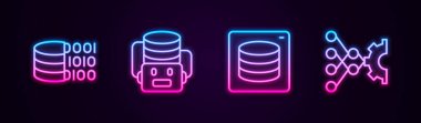 Satır İkili Kod Yapay Zeka Robot Sunucusu Veri ve Sinirsel Ağı 'nı ayarla. Parlayan neon ikonu. Vektör.